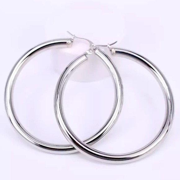 NEW STAINLESS STEEL THICK HOOP EARRINGS 60mm - Picture 4 of 7